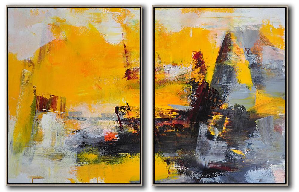 Extra Large Painting,Set Of 2 Contemporary Art On Canvas,Huge Abstract Canvas Art,Yellow,Grey,Black,Red.etc